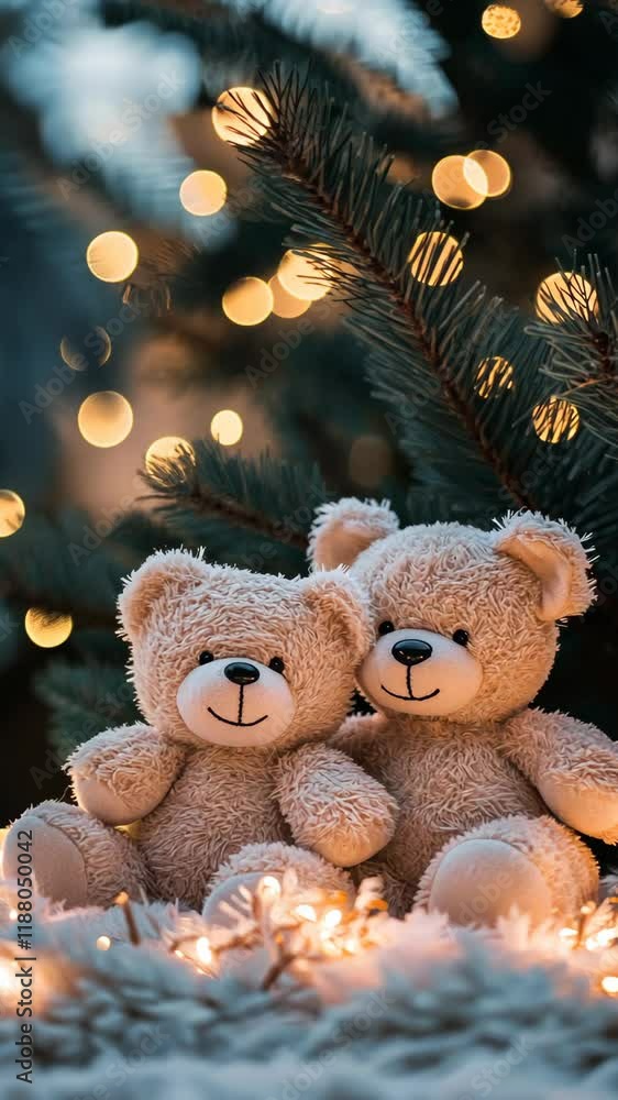 Two plush teddy bears sitting together by a festive Christmas tree adorned with lights and ornaments Two plush teddy bears sitting together by a festive Christmas tree adorned with lights and ornaments