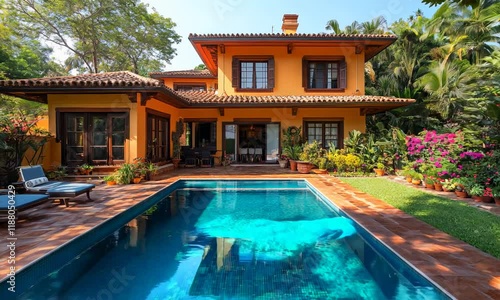 Wallpaper Mural From a wide-angle view on a sunny summer day, glistening swimming pool outside luxurious house sparkles like a sapphire oasis, surrounded by lush greenery and vibrant flowers, creating a serene and in Torontodigital.ca