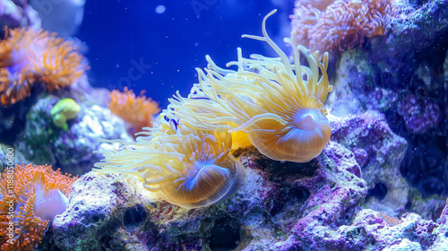 Anemone clown fish swimming in a vibrant aquarium showcasing a healthy marine ecosystem with colorful coral and aquatic plants photo