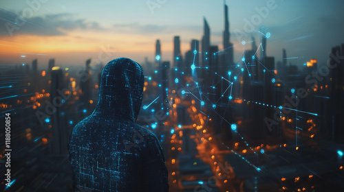 Hacker are planning to hack and attack networks and cyber security systems. Smart digital city with connection cyber security network reciprocity over the cityscape .