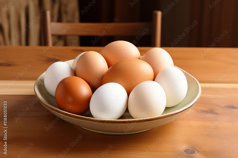 Fresh brown and white eggs filling a bowl on wooden table Fresh brown and white eggs filling a bowl on wooden table