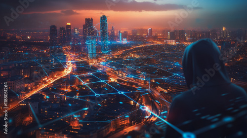 Hacker are planning to hack and attack networks and cyber security systems. Smart digital city with connection cyber security network reciprocity over the cityscape .