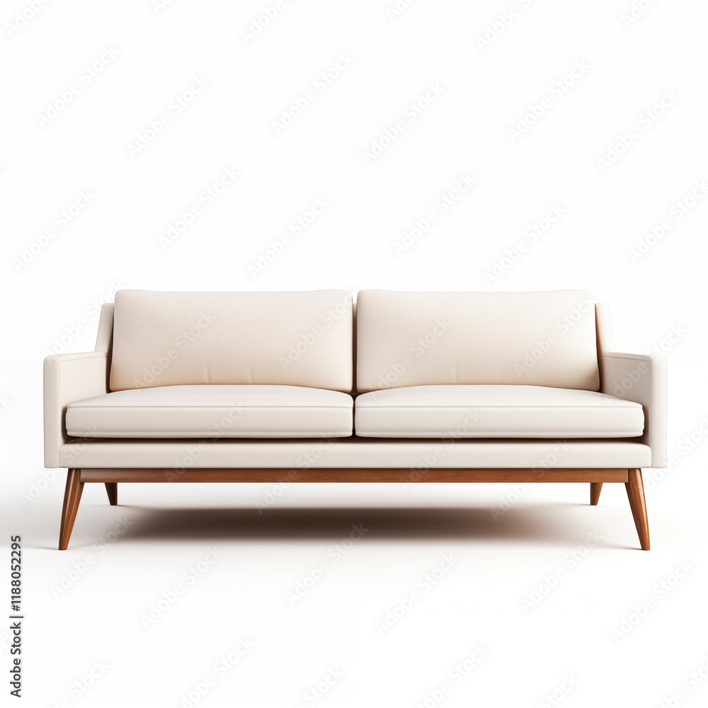 Fototapeta premium Beige MidCentury Modern Sofa Wooden Legs Isolated White Background
