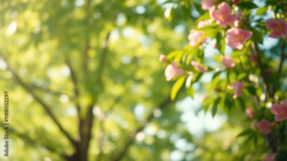 A Delicate Blur of Pink Blooms Against a Sun-Drenched Canopy of Green Leaves A Delicate Blur of Pink Blooms Against a Sun-Drenched Canopy of Green Leaves