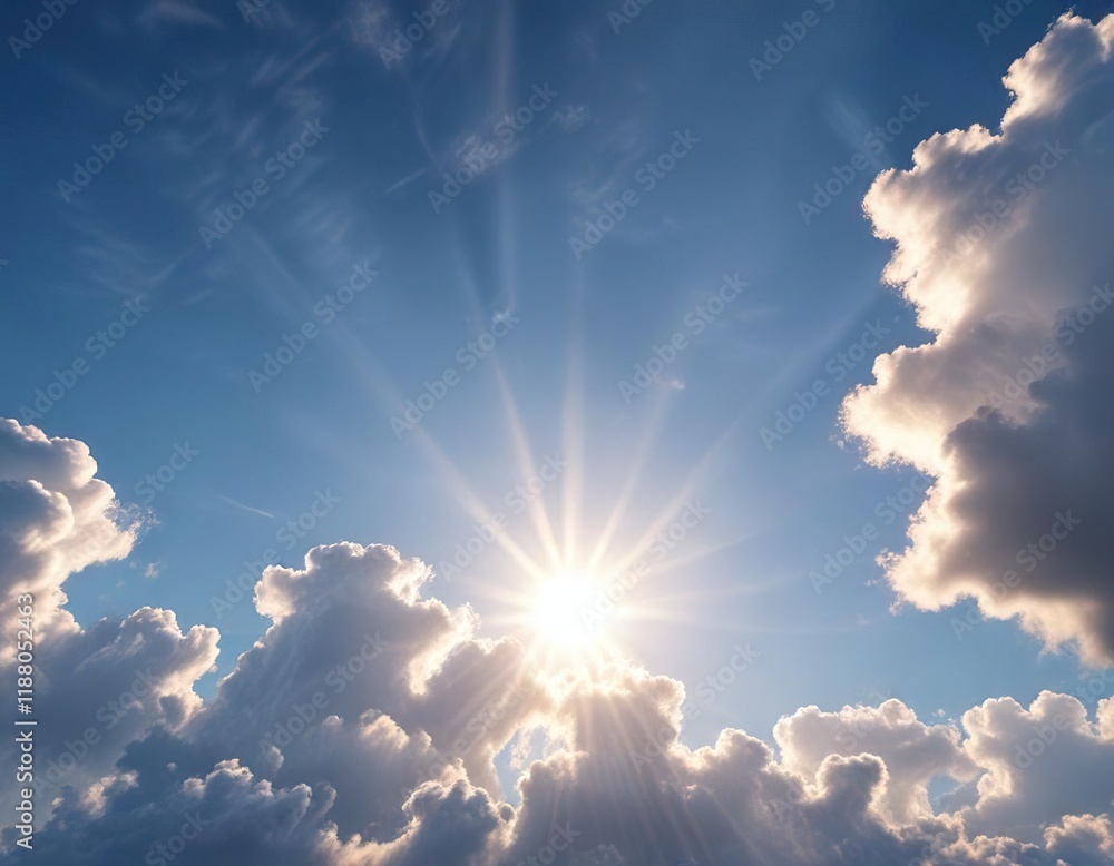 Empty blue sky with a few scattered clouds and a single sun beam, clear sky, empty space
