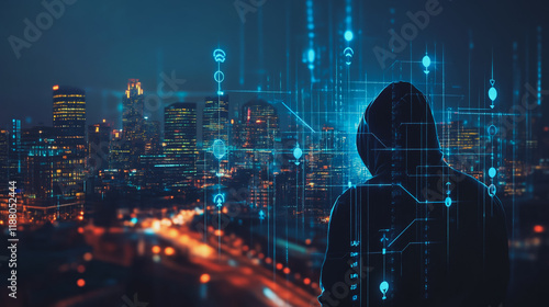 Hacker are planning to hack and attack networks and cyber security systems. Smart digital city with connection cyber security network reciprocity over the cityscape .