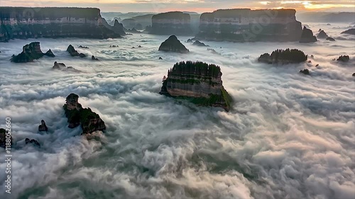 Enchanting Aerial View of Mountains Shrouded in Clouds and Fog at Sunrise: Breathtaking Natural Landscape of Scenic Tourist Destination