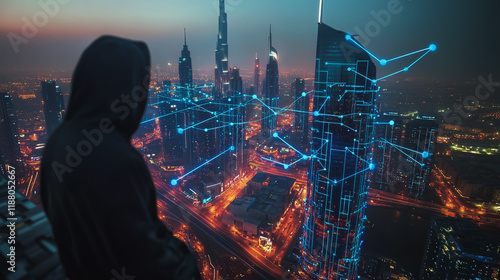 Hacker are planning to hack and attack networks and cyber security systems. Smart digital city with connection cyber security network reciprocity over the cityscape .