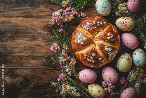 Wooden table decorated with colorful flowers and easter eggs for celebrating springtime and seasonal festivities in a cozy setting with natural elements and rustic charm photo