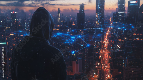 Hacker are planning to hack and attack networks and cyber security systems. Smart digital city with connection cyber security network reciprocity over the cityscape .