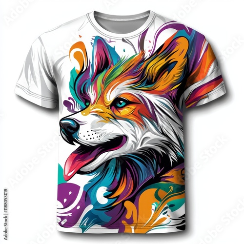 Colorful Artistic T-Shirt Design Featuring a Stylized Dog Head with Vibrant Patterns and Splashes of Color photo