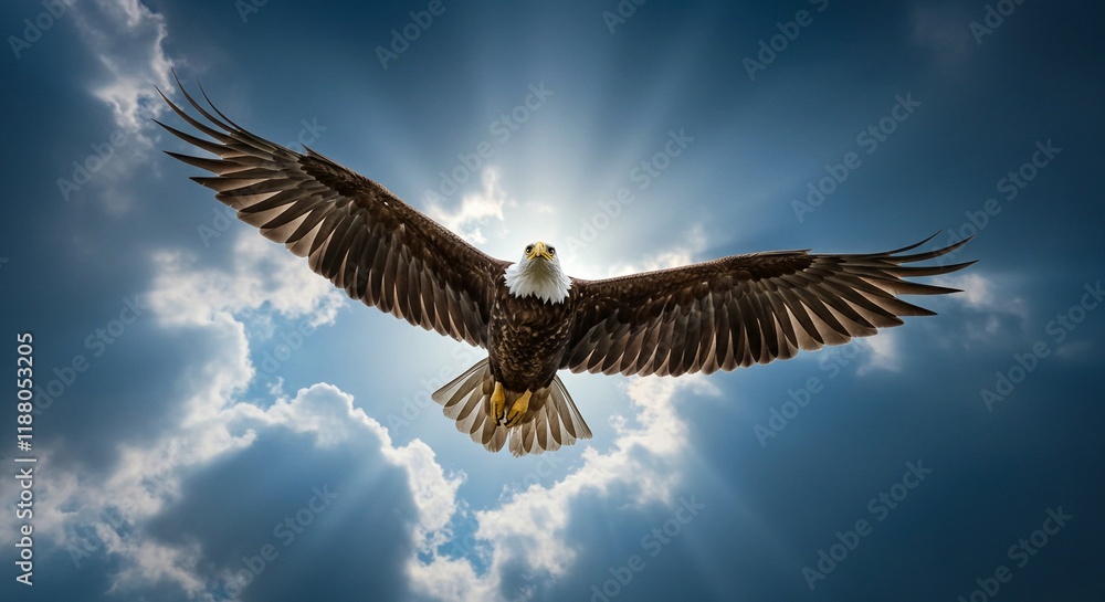 Fototapeta premium Majestic Bald eagle soaring high in sky with outstretched wings symbolizing strength and hope found in the Lord