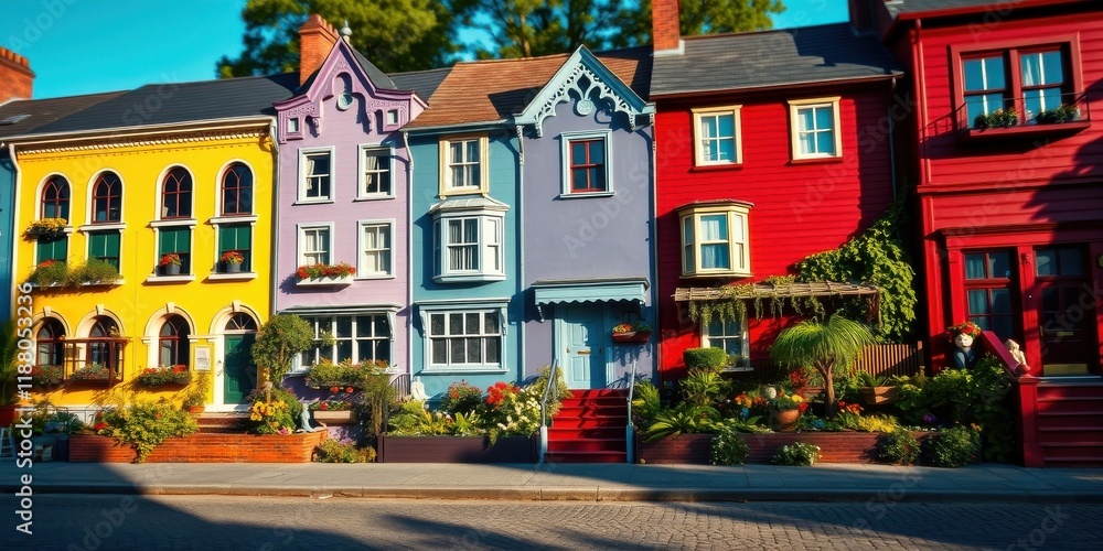 A row of colorful houses with red brick walkways and vibrant landscaping in front of them, showcasing the architectural diversity of the neighborhood. A row of colorful houses with red brick walkways and vibrant landscaping in front of them, showcasing the architectural diversity of the neighborhood.