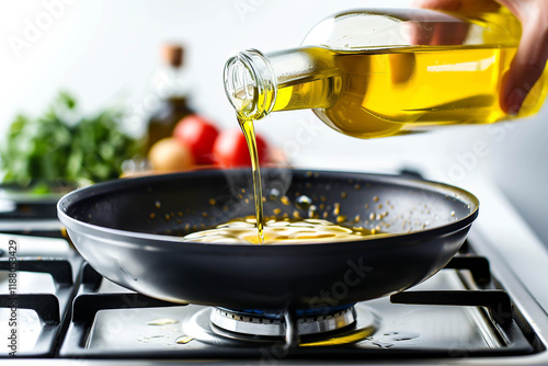 Woman pouring cooking oil into frying pan over stove for meal preparation in a kitchen setting