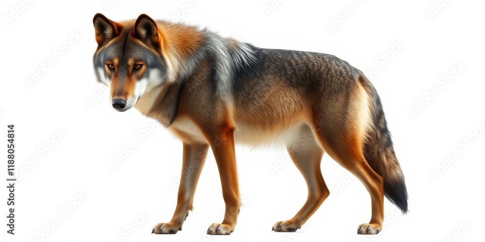 Obraz premium A lone wolf stands with its fur aglow, the soft light highlighting its powerful physique and piercing gaze.