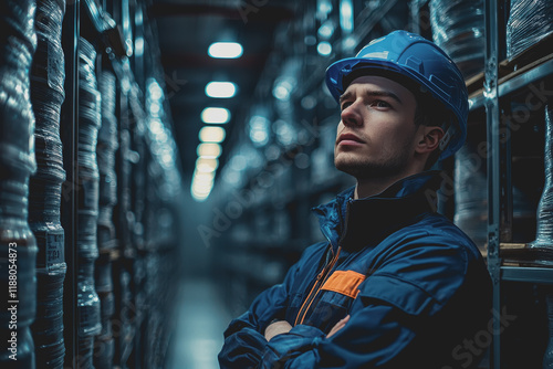 Man in warehouse looking up at shelves industrial storage space with high racks inventory management employee in logistics warehouse operations supply chain management stock control photo