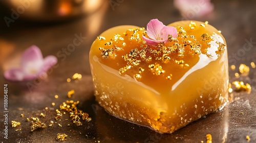A small heart-shaped cake with a honey glaze and garnished with edible gold flakes