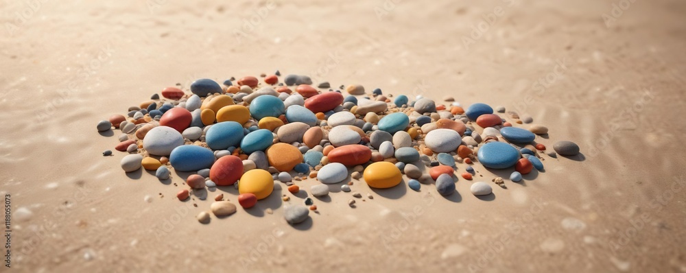 Focal point of rounded pebbles on a sandy beach, sea shells, weathered stones Focal point of rounded pebbles on a sandy beach, sea shells, weathered stones