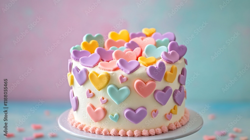 A whimsical heart-shaped cake featuring colorful fondant hearts as decorations, set against a pastel background A whimsical heart-shaped cake featuring colorful fondant hearts as decorations, set against a pastel background