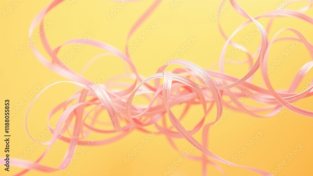 Delicate pink ribbons dance in a captivating swirl against a warm yellow backdrop, creating a mesmerizing abstract composition. Delicate pink ribbons dance in a captivating swirl against a warm yellow backdrop, creating a mesmerizing abstract composition.