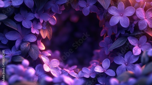 Purple flowers in a circle frame, dark background, for design use.