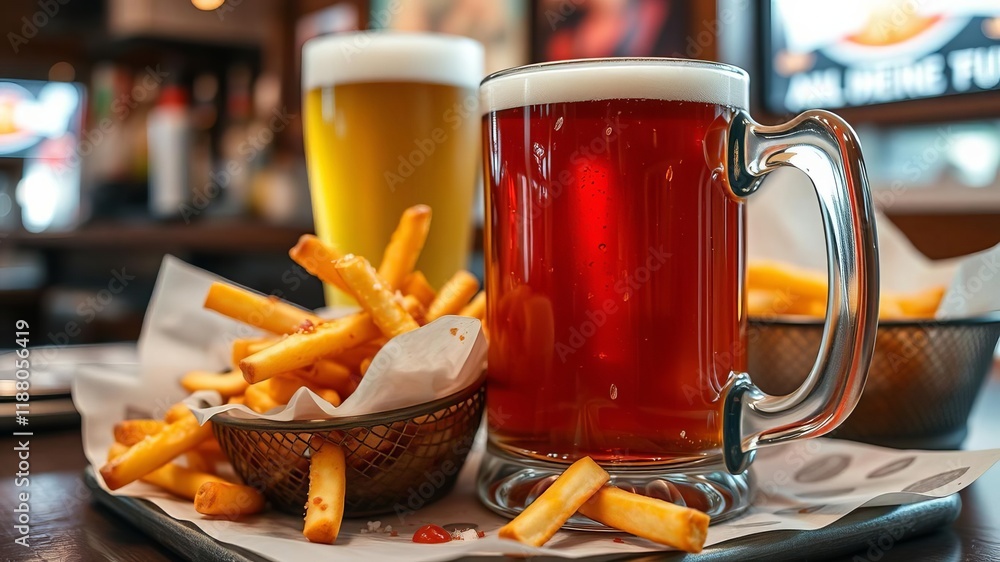 Mug of beer with crispy french fries in the blurry background, greasy, savoury, mug Mug of beer with crispy french fries in the blurry background, greasy, savoury, mug