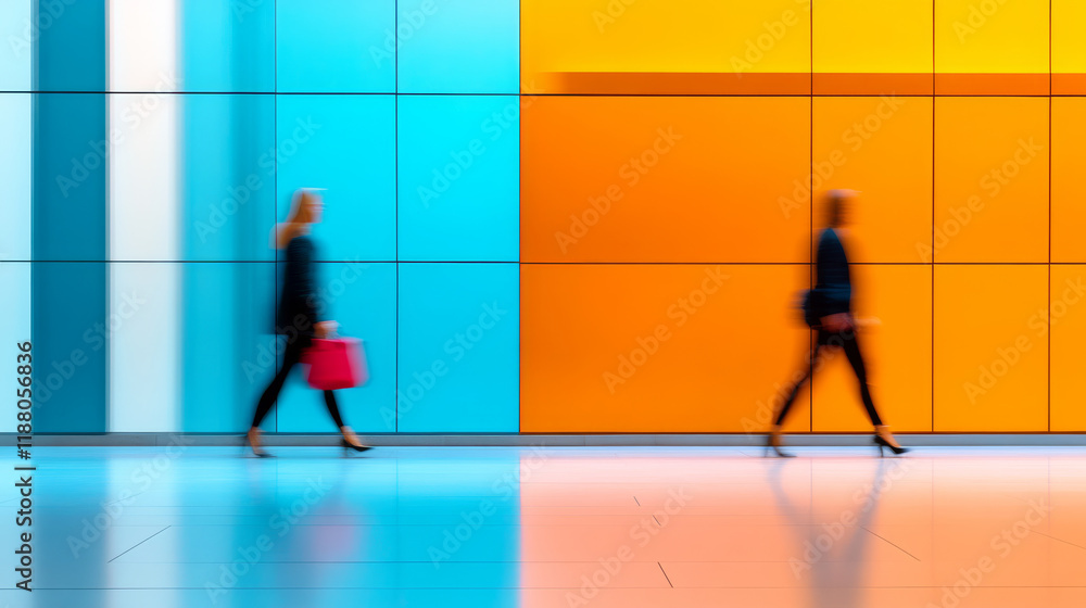 Two blurred figures walking past a vivid geometric wall with bright blue and orange panels, depicting contemporary architecture and urban life moments captured in motion with structural aesthetics Two blurred figures walking past a vivid geometric wall with bright blue and orange panels, depicting contemporary architecture and urban life moments captured in motion with structural aesthetics
