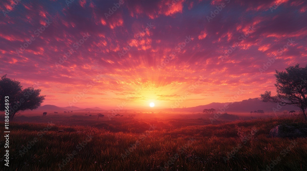 Fototapeta premium A dramatic sunrise over the Serengeti, with the suns rays breaking through scattered clouds, lighting up the savannah.