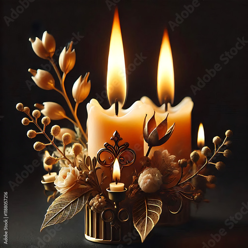 Set of realistic vector white candles with fire black background. Cylindrical aromatic candle sticks with burning flames
