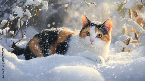 Calico Cat in Winter Wonderland: A Serene Snow Scene photo