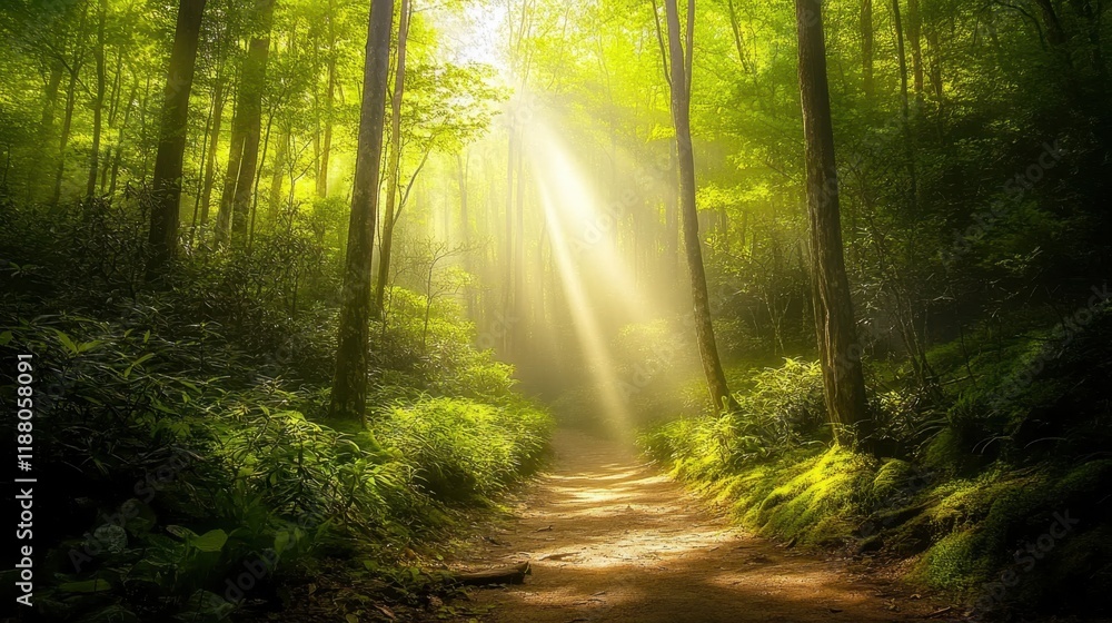 Naklejka premium A dreamy forest path in the Smokies, with sunlight filtering through fresh spring leaves and a canopy of green above.