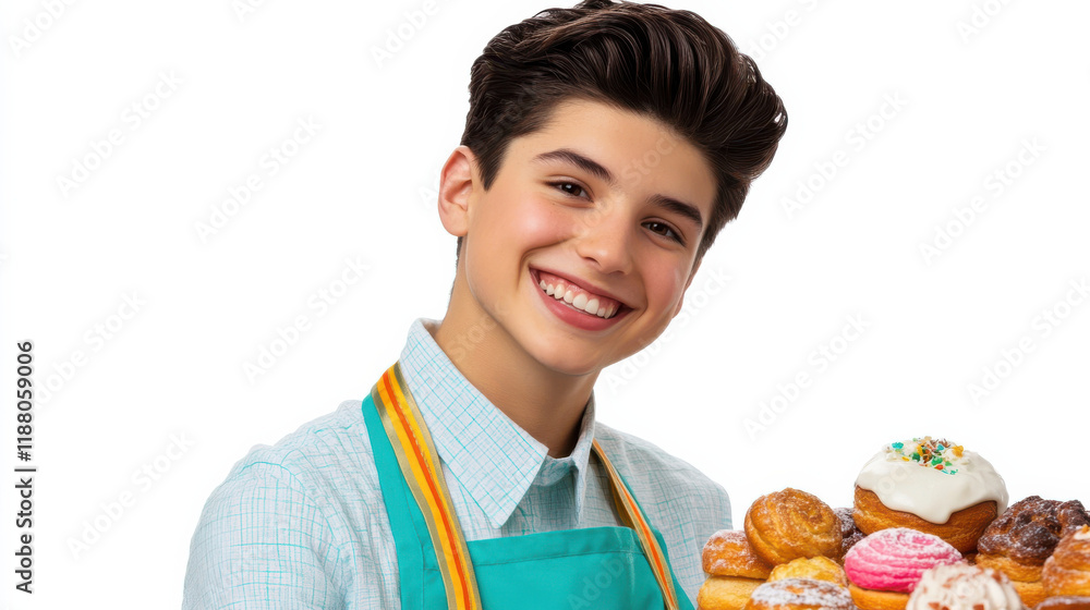 A charismatic young baker smiling confidently, wearing a vibrant teal apron with golden stripes, surrounded by colorful pastries on a crisp white background. Hyper-realistic detail A charismatic young baker smiling confidently, wearing a vibrant teal apron with golden stripes, surrounded by colorful pastries on a crisp white background. Hyper-realistic detail