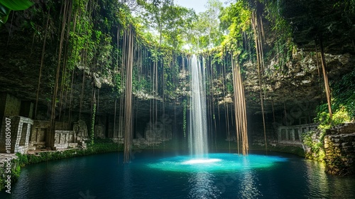 Ik Kil Cenote: Serene Waterfall Plunging into Turquoise Waters