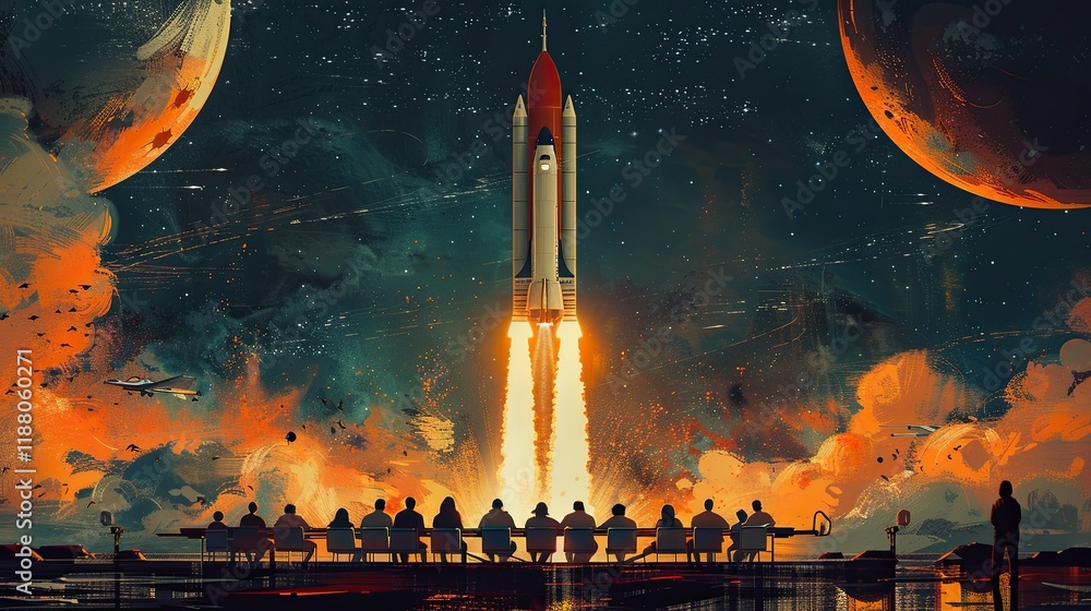 Obraz premium A Meeting in Space: Entrepreneurs gather in a space station for groundbreaking discussions