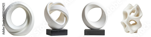 Abstract white ceramic or porcelain sculpture with looped and twisted organic geometric shapes showcased in a contemporary art gallery or exhibition space photo