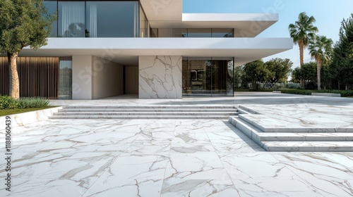 Wide clean steps at a grand entrance with a marble driveway.