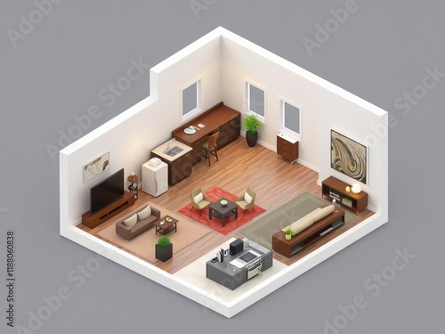 Modern 3d model and blueprint of a house with sleek interior design, furniture, luxury, layout