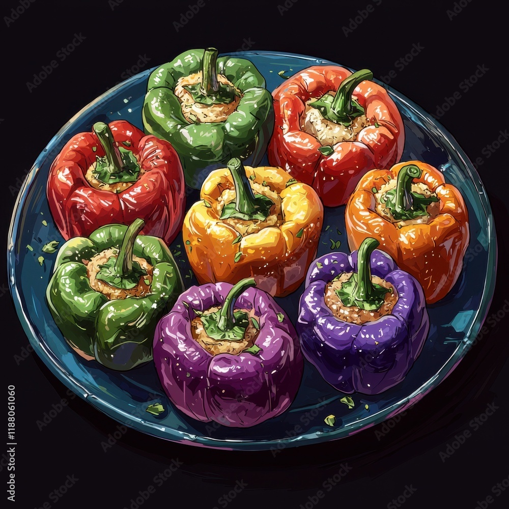 Colorful stuffed peppers dish kitchen setting food isometric view culinary arts Colorful stuffed peppers dish kitchen setting food isometric view culinary arts