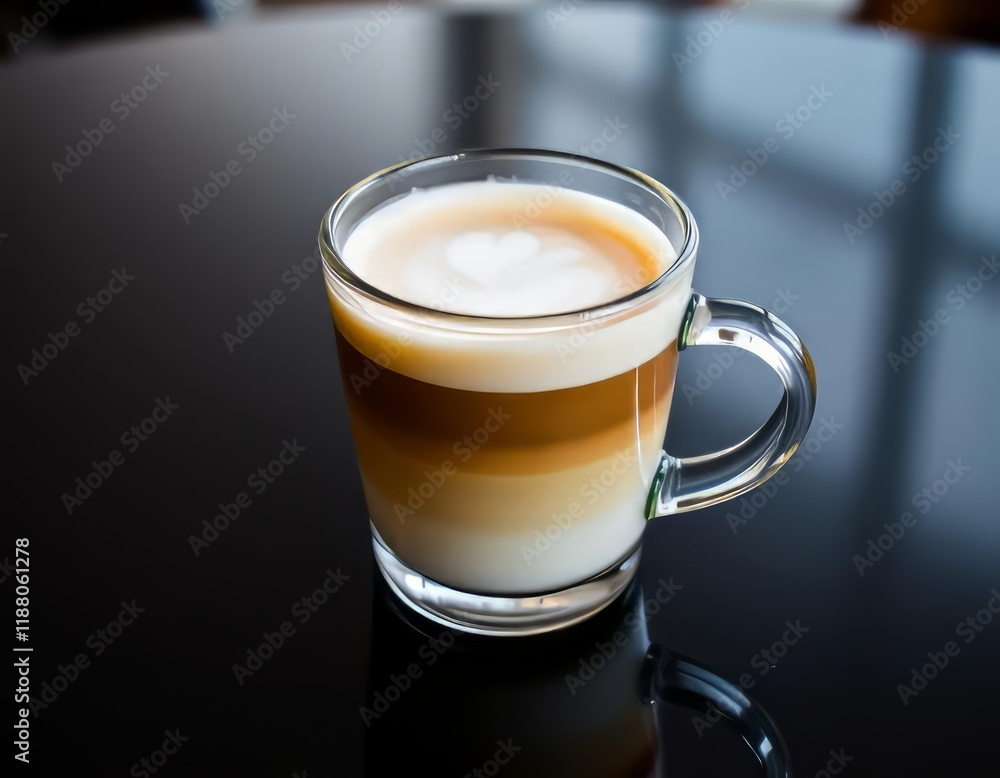 Close-up of a layered coffee drink, likely a cappuccino or latte, in a clear glass cup with a handle and a footed base. Close-up of a layered coffee drink, likely a cappuccino or latte, in a clear glass cup with a handle and a footed base.