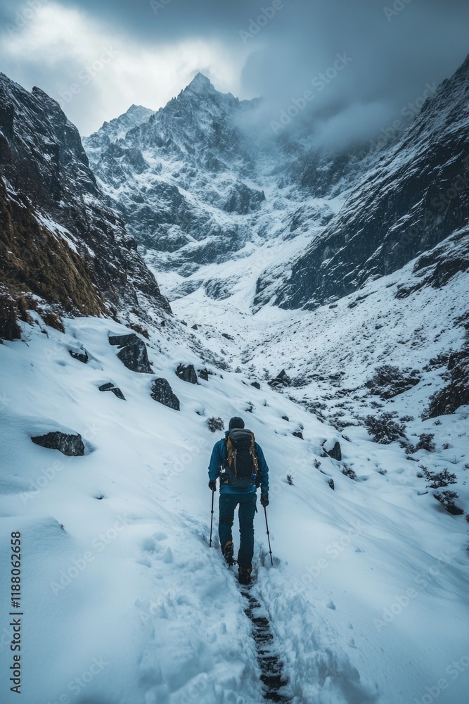 Man is walking through a snowy mountain pass. The sky is cloudy and the mountains are covered in snow. The man is wearing a blue jacket and carrying a backpack. The scene is peaceful and serene Man is walking through a snowy mountain pass. The sky is cloudy and the mountains are covered in snow. The man is wearing a blue jacket and carrying a backpack. The scene is peaceful and serene