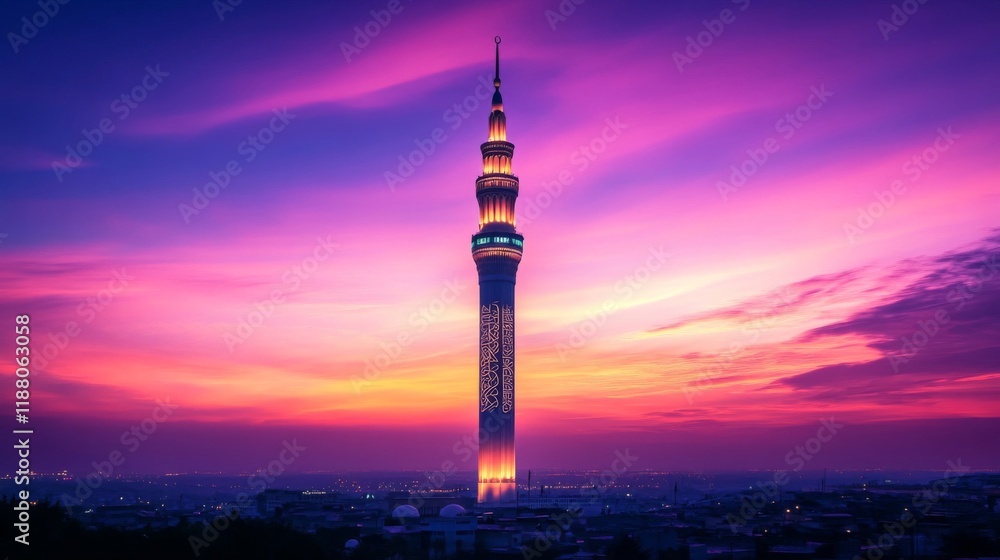 Obraz premium Illuminated Minaret Against Vibrant Sunset Sky