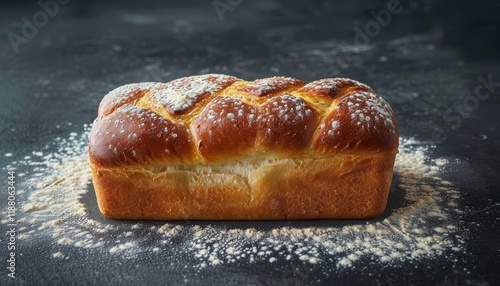 A freshly baked loaf of brioche bread dusted with powdered sugar on a dark background.