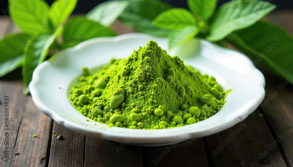 Isolated dry matcha powder on a white plate with whole leaves, herb, leaf, green tea Isolated dry matcha powder on a white plate with whole leaves, herb, leaf, green tea