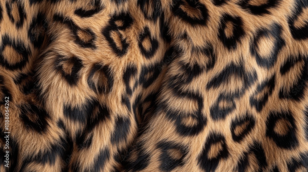 Fototapeta premium Close up of a leopard's fur with black and brown spots. The fur is very soft and fluffy, giving the impression of a warm and cozy blanket