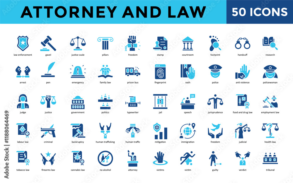 Attorney and Law icons set with law enforcement, gavel, justice scale, pillars, freedom, stamp, courtroom, footprint, handcuff, research icon. Simple flat vector
Attorney and Law icons set with law enforcement, gavel, justice scale, pillars, freedom, stamp, courtroom, footprint, handcuff, research icon. Simple flat vector