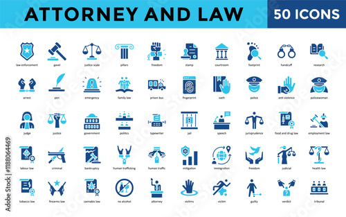 Attorney and Law icons set with law enforcement, gavel, justice scale, pillars, freedom, stamp, courtroom, footprint, handcuff, research icon. Simple flat vector 
