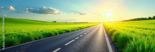 Endless asphalt road cutting through vibrant green summer fields under bright sun , vibrant, escape, open road