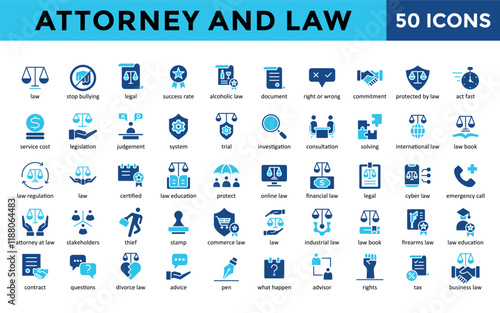 Attorney and Law icons set with law, stop bullying, egal, success rate, alcoholic law, document, right or wrong, commitment, protected by law, act fast icon. Simple flat vector 
