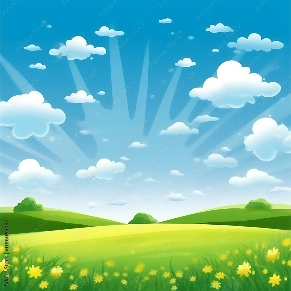 Fototapeta premium Sunny Day Rolling Hills Landscape With Flowers