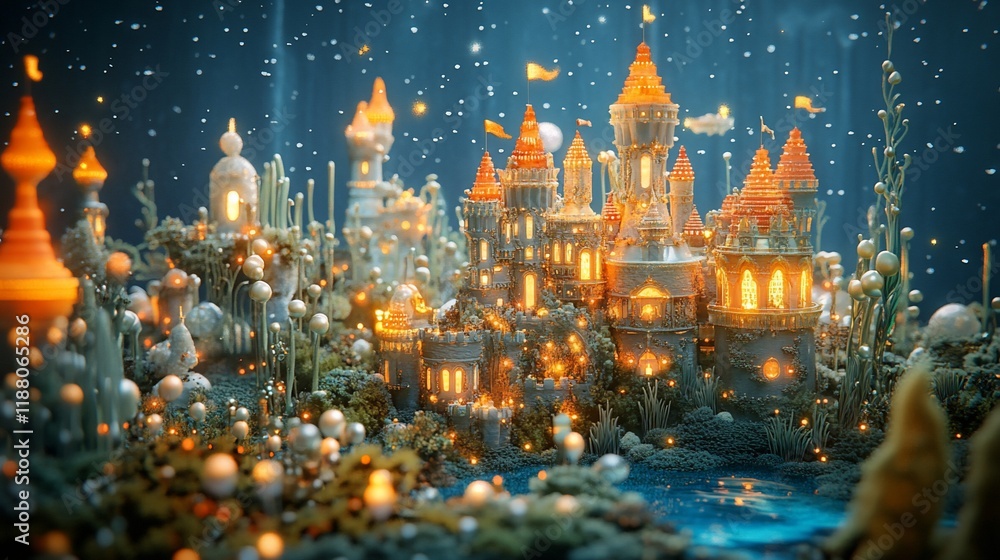 Obraz premium Enchanting underwater kingdom with glowing castle, magical flora, and sparkling water.